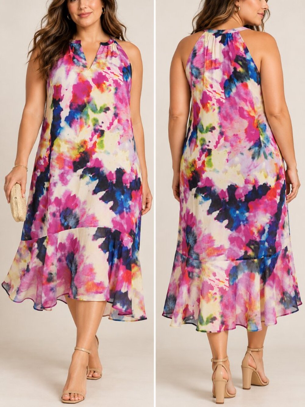 Cabi Celebration Dress #5971 Watercolor Halter Midi Dress XL